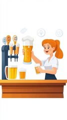 Cheerful beer girl in a pub flat design, side view, bar atmosphere theme, cartoon drawing, Triadic color scheme