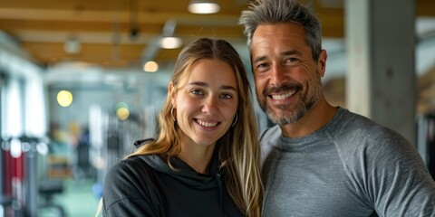 Fototapeta premium Smiling Couple in Gym Setting Promoting Healthy Lifestyle and Fitness Goals