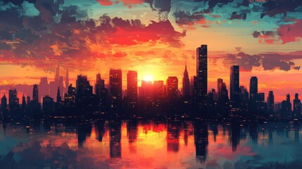 Fototapeta premium Vibrant City Skyline at Sunset Reflected in Water