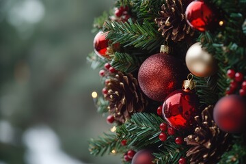 Fototapeta premium Close-up of a Christmas Tree with Red and Gold Ornaments and Pine Cones
