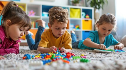 Fototapeta premium Children playing with colorful building blocks in a playroom
