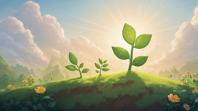 Three healthy plants bask in the warm glow of sunlight on a lush green hill, surrounded by colorful flowers and rolling hills. Puffy clouds and a radiant sky create a serene and uplifting atmosphere.