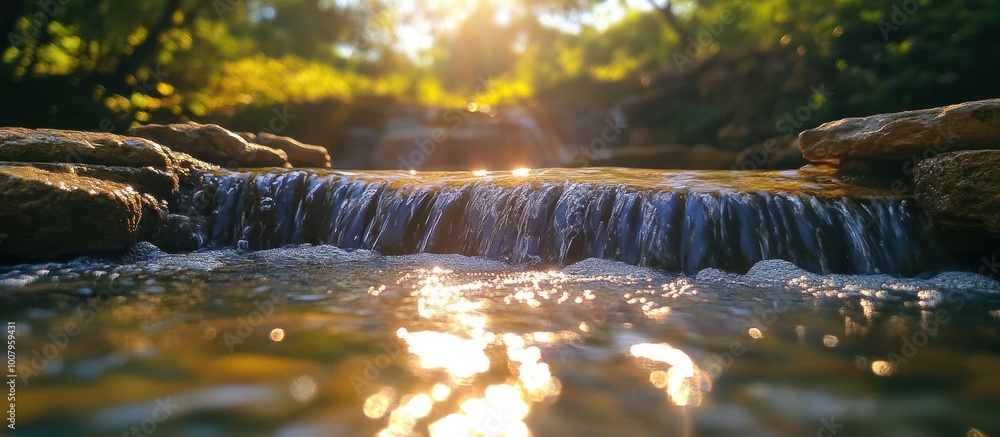 Poster closeup of a small waterfall flowing over rocks with sun shining through the trees in the background