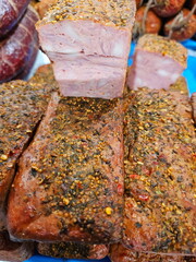 Salted lard on the counter. Street trading