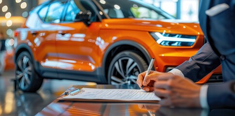 Fototapeta premium Auto Dealership: Closeup of a Hand Signing Contract with Orange SUV in Background