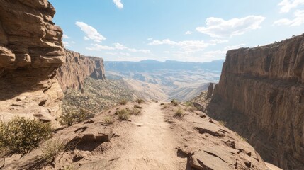 Fototapeta premium Majestic Mountain Trail - Awe-Inspiring Overlook on a Rugged Path through Sheer Cliffs and Vast Valleys