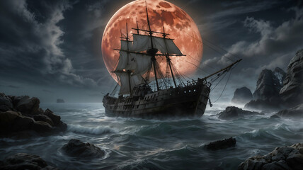 Ghost Ship Sailing Through Rough Waters Under Blood Moon in Spooky Seascape background, 4k Wallpaper, Spooky Background, Eerie, Wall Art, Frame TV Art