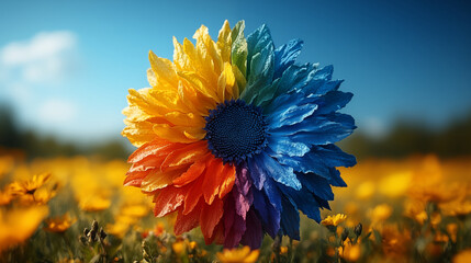 Obraz premium Vibrant multicolored daisy flower in field of yellow blooms under blue sky