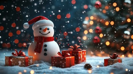 Fototapeta premium A cheerful snowman in a festive setting, surrounded by gifts and softly falling snow, captures the warmth of the holiday spirit.