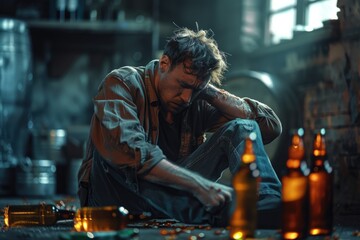 Man Struggling with Alcohol Addiction in Dimly Lit Room Surrounded by Empty Bottles