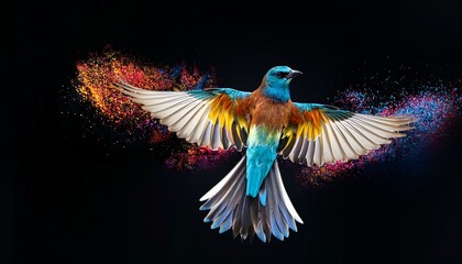 Obraz premium A bird in flight dissolves into a whirlwind of colorful particles, its body and wings dispersing in a splatter effect against a black backdrop