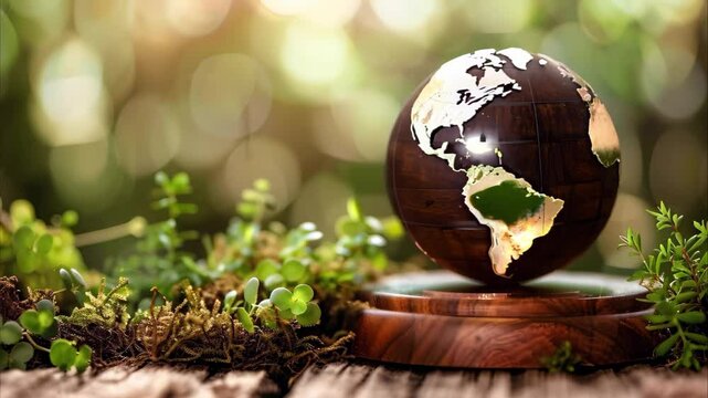 A decorative globe made of wood, depicting Africa, surrounded by greenery and natural elements.