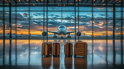 Luggage in an airport with a plane and sunset in the background.