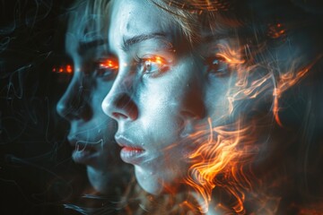 Mystical Double Exposure Portrait with Fiery Sparks and Ethereal Glow