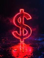 Neon Dollar Sign on Wet Surface