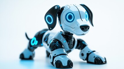 A playful robot dog with floppy ears and LED lights for eyes, happily wagging its tail. This charming robotic companion combines technology with a friendly demeanor, perfect for kids and pet lovers