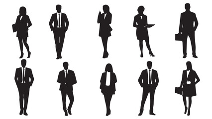 Set of vector silhouettes of men and a women, a group of standing business people, black color isolated on white background