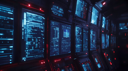 Futuristic sci-fi hallway interior with computer and monitor screen on wall, 3d rendering. Spaceship Interior. Illustration
