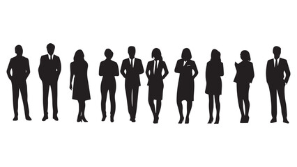 Set of vector silhouettes of men and a women, a group of standing business people, black color isolated on white background
