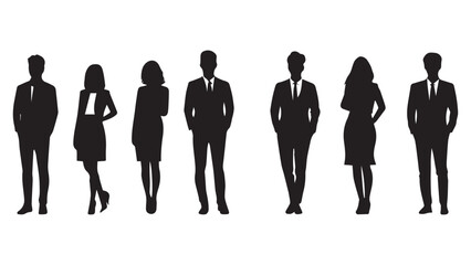 Set of vector silhouettes of men and a women, a group of standing business people, black color isolated on white background