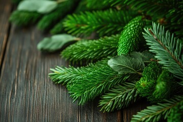 Naklejka premium Evergreen Branches Laying on a Wood Surface