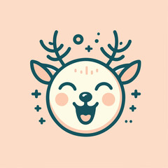 cute Laughing deer in childish style with smile muzzle, horns and eyes. Funny wild animal with happy face. Vector flat illustration for holidays