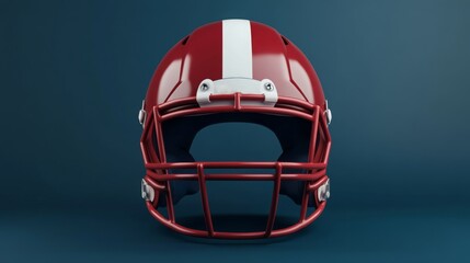 A glossy red football helmet with a white stripe, set against a dark blue background.