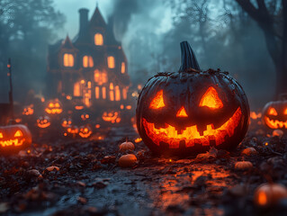 Naklejka premium Spooky Halloween Night Scene Featuring Glowing Jack-o'-Lanterns in Front of an Abandoned Mansion, Perfect for Capturing the Essence of Fall Festivities