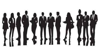 Set of vector silhouettes of men and a women, a group of standing business people, black color isolated on white background