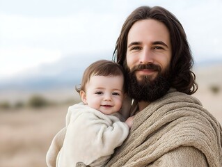 Jesus god smiling with baby in the sky