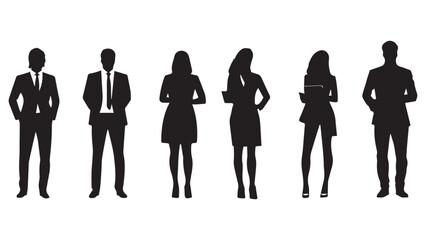 Set of vector silhouettes of men and a women, a group of standing business people, black color isolated on white background