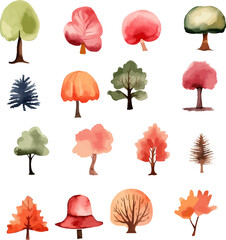 a set of watercolor trees and leaves