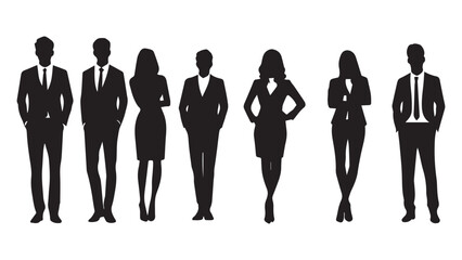 Set of vector silhouettes of men and a women, a group of standing business people, black color isolated on white background