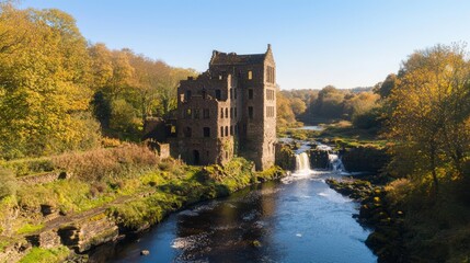 Serene Beauty of a Historic Mill by a Flowing River in Autumn Splendor