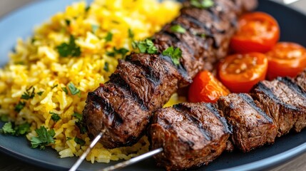 Beef Skewers with Rice and Grilled Tomatoes