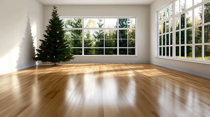 Christmas Tree Shadow on Hardwood Floor with Large Window