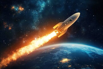 Rocket Ship Launching into Space with Bright Flames