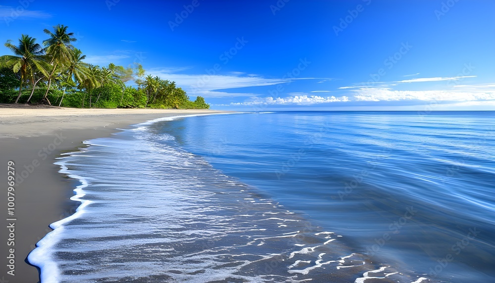 Wall mural Tranquil beach scene with clear blue water, white sands, lush green trees, and a bright sunny sky