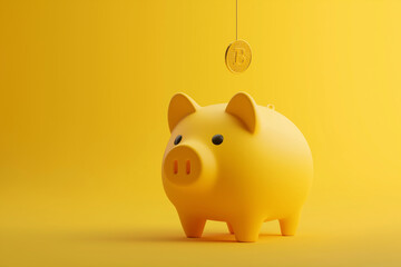 Bitcoin coin being dropped into yellow piggy bank savings.