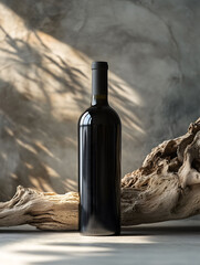 Minimalist Wine Bottle with Driftwood and Soft Shadows