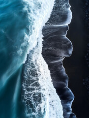 Aerial View of Dramatic Ocean Waves on Black Sand Beach