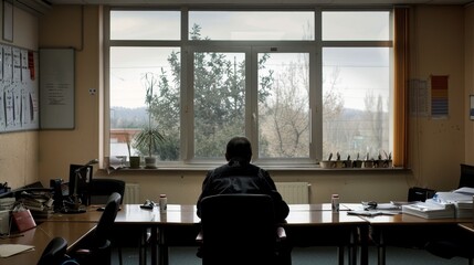 Fototapeta premium Man sitting alone in an empty office, gazing at an empty desk with a few personal items, symbolizing job loss and layoffs, conveying a sense of uncertainty and reflection.