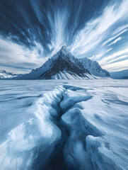 Majestic Frozen Landscape with Cracked Glacier and Towering Mountain
