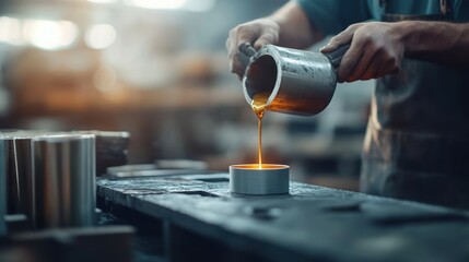 Fototapeta premium Craftsman pouring molten metal into a mold in a workshop environment.