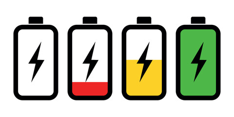 Collection of battery charge indicators with red, yellow and green energy levels
