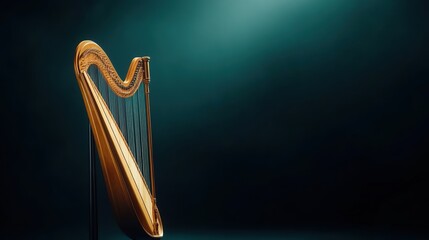 Obraz premium Elegant golden harp on a dark background, showcasing its beautiful craftsmanship.