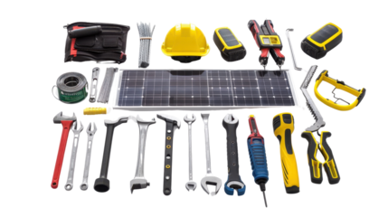 Solar panel installation toolkit with essential tools on white background