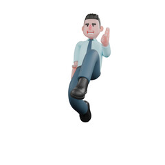 3D Professional in Finance. A male financial analyst is jumping with his right foot in front and left foot behind while his right hand is in front and left hand behind. Male Financial Analyst