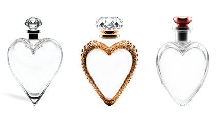 Collection of Beautiful Transparent Magic Love Potion Bottles, Luxury Heart-Shaped Crystal Bottles.