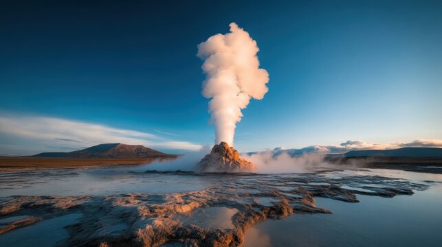 Geothermal geyser eruption against a clear blue sky.
